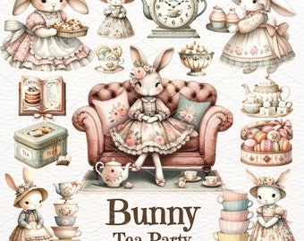 Op de afbeelding: Een set van 30 digitale illustraties met een konijn-thee-party thema. De illustraties bevatten een konijn in een jurk dat op een bank zit, een klok, theekopjes, een theepot, een taart en een doos macarons.