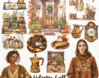 Jesienny clipart z akwarelą: Jesienna grafika Cottagecore (pobranie cyfrowe)
