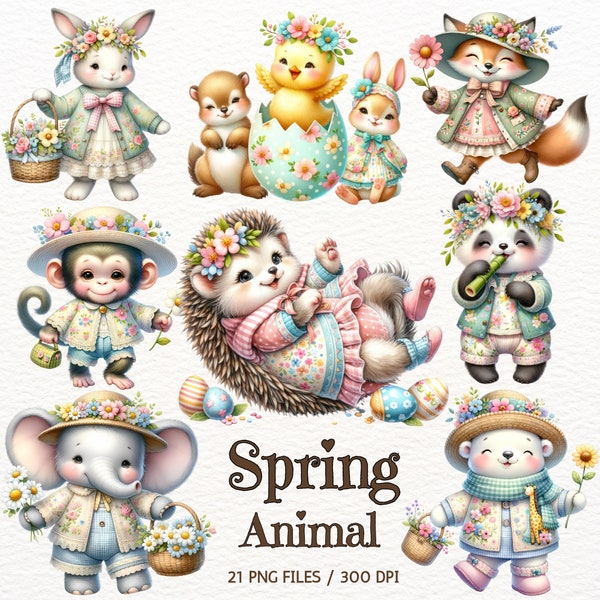 Watercolor Spring Animals Clipart, Spring Clipart PNG, Adorable Springtime, Cute Animals, Animals Graphic, Instant Download, Commercial Use.