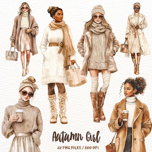 Clipart de menina de outono em aquarela, outono aconchegante, gráficos PNG de outono, menina de café, clipart de suéter, outono moda mulher scrapbooking uso comercial