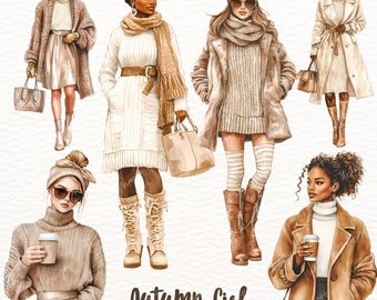 Watercolor Autumn Fashion Girl Clipart: Fall PNG Graphics (Commercial Use)