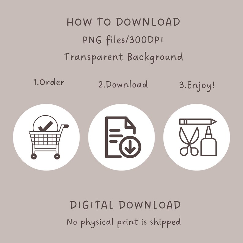 Pu&ograve; includere: Una grafica di download digitale con istruzioni su come scaricare un file PNG. La grafica include un carrello della spesa, un documento con una freccia di download e una matita, forbici e una bottiglia di colla. Il testo recita "HOW TO DOWNLOAD PNG files/300DPI Transparent Background 1.Order 2.Download 3.Enjoy! DIGITAL DOWNLOAD No physical print is shipped"