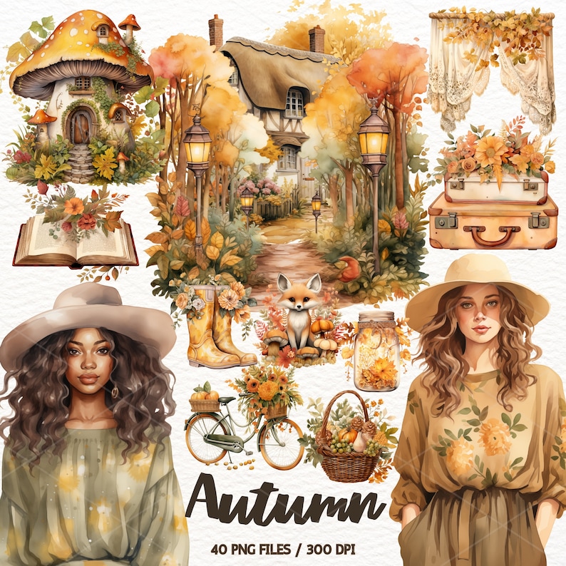 May include: A collection of 40 watercolor illustrations featuring autumnal themes. The illustrations include a cottage, a fox, a bicycle, a basket of fruit, a jar of fireflies, a book, a mushroom house, a lamppost, a suitcase, and a woman wearing a hat and a floral dress. The illustrations are perfect for creating cards, invitations, scrapbook pages, and other craft projects.