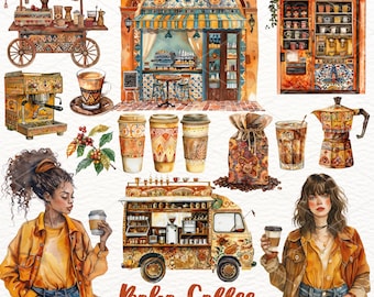Watercolor Boho Coffee Clipart: Coffee Shop PNG Stickers (Commercial Use)
