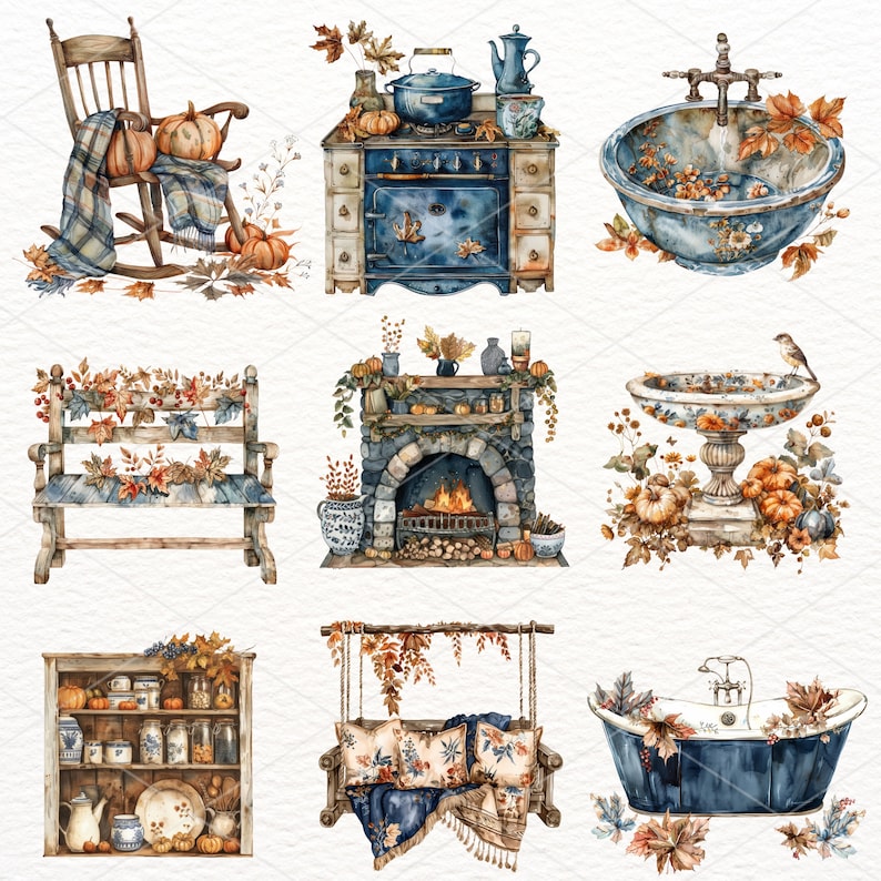 Pu&ograve; includere: Un set di nove illustrazioni ad acquerello con elementi autunnali. Le illustrazioni includono una sedia a dondolo, un camino, una vasca da bagno, una panchina, una libreria, un'altalena e una fontana per uccelli. Tutte le illustrazioni presentano zucche, foglie e altri dettagli autunnali.