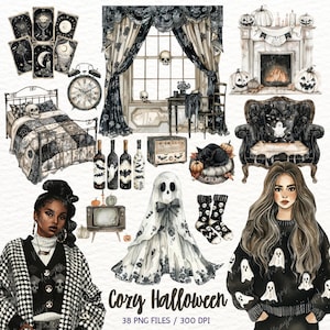 Watercolor Cozy Halloween Clipart, Neutral Halloween, Cute Halloween PNG, Spooky  Halloween Décor, Halloween Girl, Sticker Digital Download