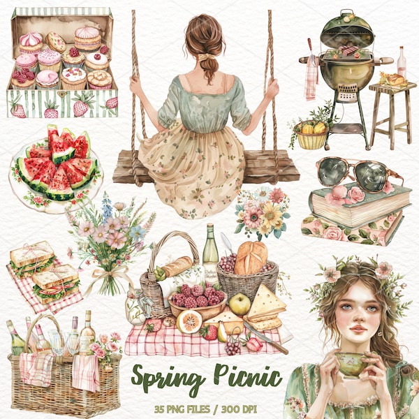 Watercolor Spring Picnic Clipart, Spring Illustration, Cottagecore, Picnic Basket, Card Making Scrapbook Instant Download Sticker Commercial