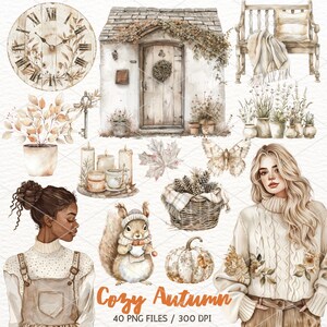 Watercolor Autumn Clipart: Cozy Cottagecore PNG Graphics (Digital Download)
