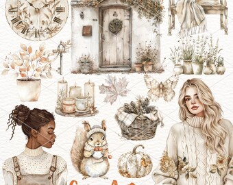 Aquarell Herbst Clipart: Gemütliche Cottagecore PNG Grafik (digitaler Download)