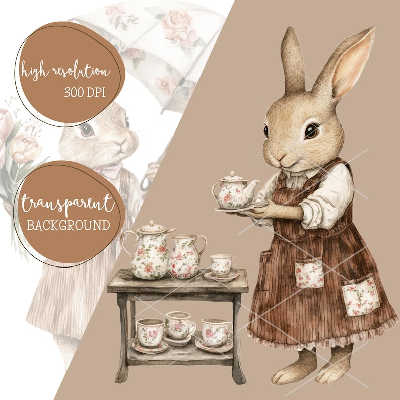 May include: Watercolor illustration of a rabbit dressed in a brown apron, holding a teapot on a tray. A small wooden table displays teacups and teapots with floral designs. The image includes the text "high resolution 300 DPI" and "transparent background."