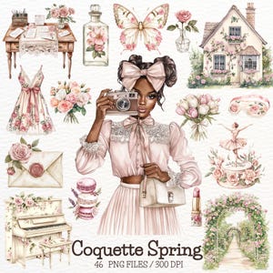 Clipart primaverile di Coquette ad acquerello, estetica di Coquette rosa, fiori di Coquette PNG, fiocco di nastro, adesivi digitali clipart vintage commerciali