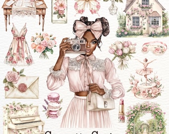 May include: A watercolor illustration of a woman with brown skin wearing a pink dress and holding a camera. She is surrounded by flowers, a house, a piano, and other spring-themed elements. The text "Coquette Spring 46 PNG FILES / 300 DPI" is at the bottom of the image.