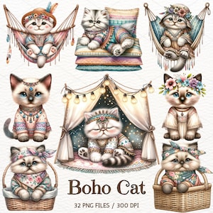 Clipart chat bohème, chats mignons, chats aquarelles, chats Clipart PNG, chats floraux, scrapbooking, Junk Journal, téléchargement numérique, usage Commercial