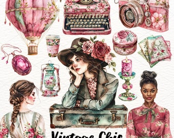 Clipart vintage ad acquerello: adesivi PNG antichi e chic (download digitale)