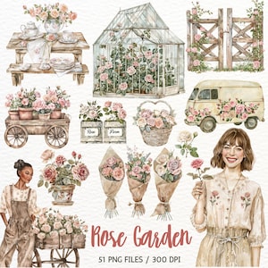 Aquarel rozentuin clipart, romantische clipart, Cottagecore, roze rozen illustraties, lentebloemen seizoensgebonden aquarel meisje digitale download