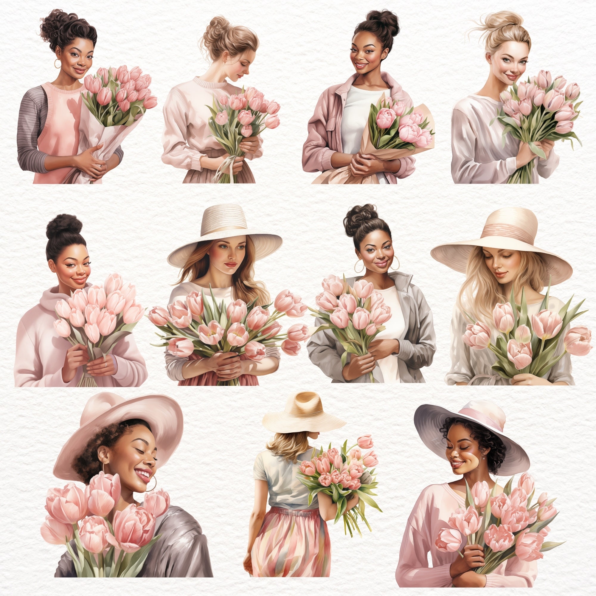 Watercolor Pink Tulip Clipart: Spring Floral PNG Set (digital Download ...