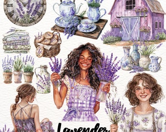 Akvarell lavendel clipart: Cottagecore PNG-set (digital nedladdning)