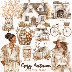 Aquarelle cosy automne Clipart, graphique PNG automne, Cottagecore, Illustration de fille, temps de récolte de citrouille, album de cartes, utilisation commerciale