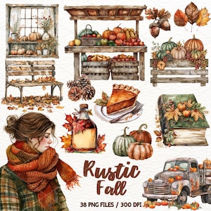 Clipart de outono rústico em aquarela, outono aconchegante, gráfico PNG de outono outono, Cottagecore, campo, garota de outono, adesivos de álbum de recortes para uso comercial