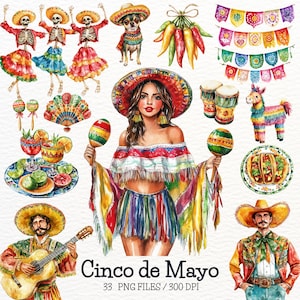 Clipart Cinco de Mayo aquarelle, Fiesta, Pinata, fête mexicaine, femme mexicaine, sombrero PNG, cactus, tequila, guitare, autocollants de cuisine mexicaine