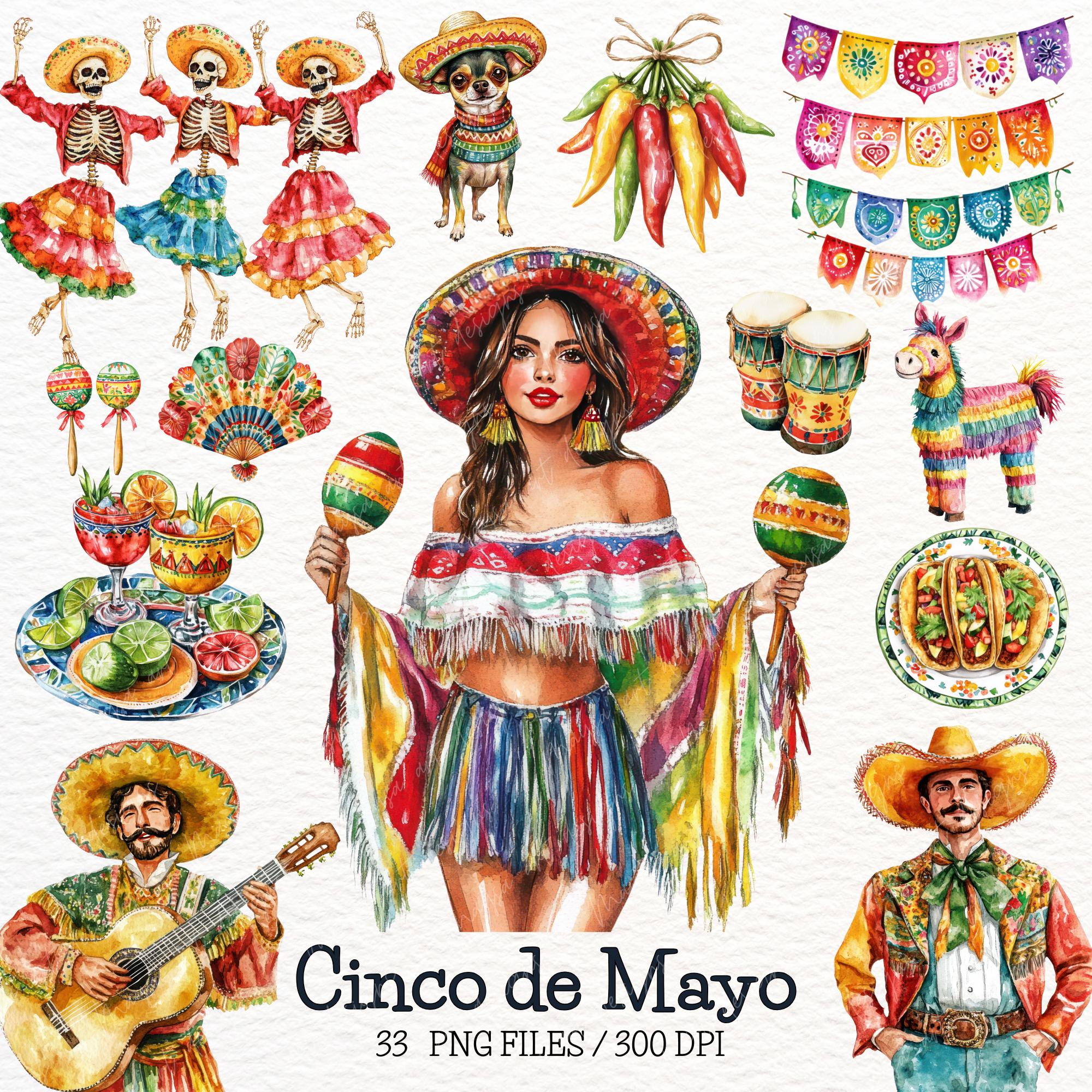 Watercolor Cinco de Mayo Clipart, Fiesta, Pinata, Mexican Party, Mexican Woman, Sombrero PNG, Cactus, Tequila, Guitar, Mexican Food Stickers