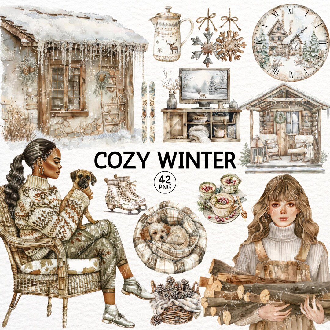 Watercolor Winter Clipart: Cozy Cabin PNG Set (digital Download) - Etsy