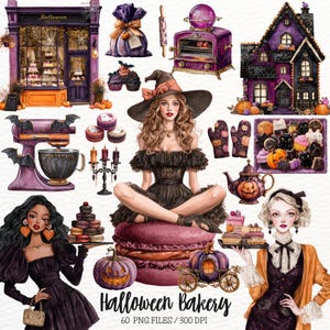 May include: A watercolour illustration with a Halloween bakery theme. It features a witch, bakery shop, pumpkins, cupcakes, macarons, a mixer, oven, and other baking items. The text "Halloween Bakery" is displayed at the bottom.