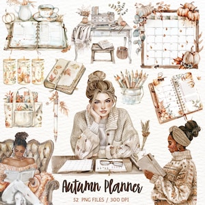 Watercolor Cozy Autumn Planner Clipart, Fall PNG Graphics Journaling Boho Fall Planner Bookworm Book Lover, Cottagecore Scrapbook Commercial