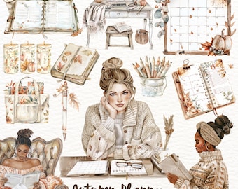Può includere: Un planner digitale con illustrazioni ad acquerello di foglie autunnali, zucche e una donna che legge un libro. Il planner include un calendario, liste di cose da fare e altri strumenti organizzativi. Il testo "Autumn Planner" è scritto in marrone nella parte inferiore dell'immagine. Il testo "52 PNG FILES / 300 DPI" è scritto in marrone più piccolo sotto il titolo.