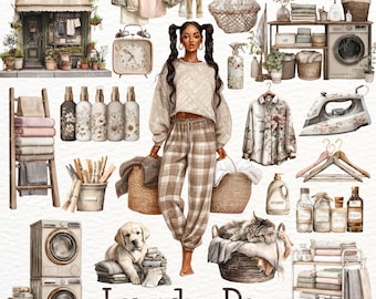 Laundry Day Watercolor Clipart, Washing Machine, Laundry Icons, Cleaning Graphics, Scrapbook, Planner, Stickers