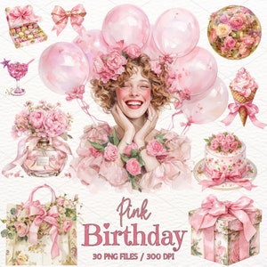 Aquarell Rosa Geburtstag Clipart, Geburtstagsparty, alles Gute zum Geburtstag Clipart, Geburtstagskind PNG, Luftballons, Kuchen Digitaler Download Kommerzielle Nutzung
