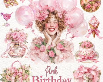 Aquarell Rosa Geburtstag Clipart: Luftballons, Kuchen (Digitaler Download)