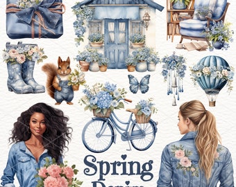 Può includere: Una collezione di illustrazioni a tema primaverile con una giacca di jeans blu, una bicicletta con fiori, uno scoiattolo, una casa, una mongolfiera e un paio di stivali da pioggia. Le illustrazioni sono in stile acquerello e hanno un'atmosfera vintage.