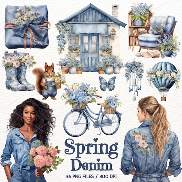 Spring Denim Watercolor Clipart, Spring Girl, Florals PNG, Spring Flower, Cozy Spring, Card Making, Junk Journal Scrapbook, Digital Download