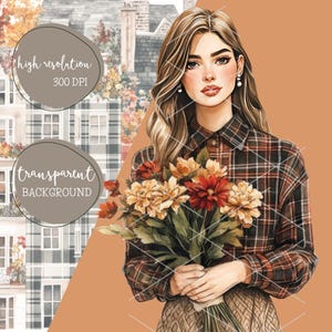 Pode incluir: Ilustra&ccedil;&atilde;o em aquarela de uma mulher com cabelo castanho comprido usando uma camisa xadrez, segurando um buqu&ecirc; de flores. A imagem tem o texto "alta resolu&ccedil;&atilde;o 300 DPI" e "fundo transparente". O fundo apresenta um edif&iacute;cio.