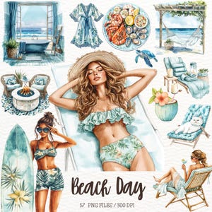 Clipart de día de playa en acuarela, viajes de verano, océano, vacaciones en la playa, amante del océano, PNG de playa, pegatinas digitales para scrapbooking de chica playera
