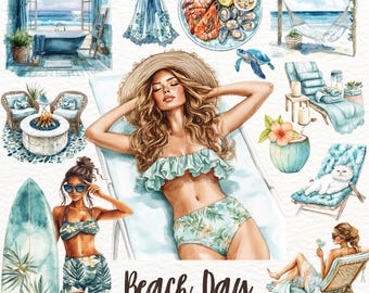 May include: A watercolor illustration of a beach day with a woman relaxing on a lounge chair, another woman surfing, and a cat sitting on a lounge chair. There are also illustrations of a beach scene, a hammock, a fire pit, a coconut, and a plate of seafood. The text "Beach Day" is written in the bottom center of the image.