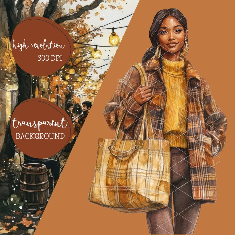 May include: Watercolor illustration of a person wearing a plaid jacket, yellow sweater, and carrying a plaid tote bag. The background features a street scene with string lights and the text "high resolution 300 DPI" and "transparent BACKGROUND".