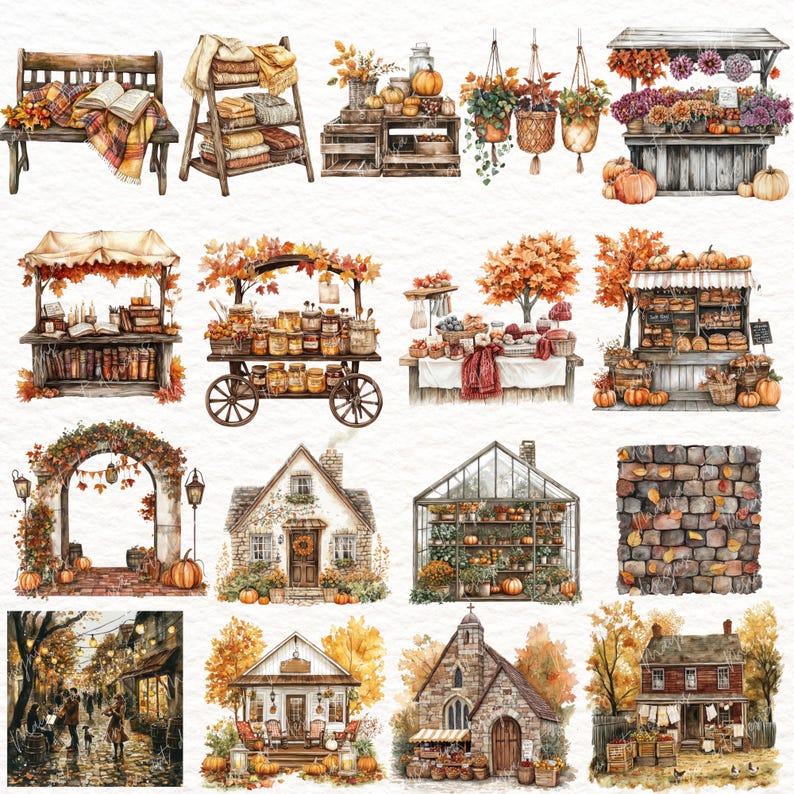 May include: Watercolor illustrations of autumn scenes. Includes a park bench with a blanket and book, a wooden shelf with blankets, pumpkins, and flowers, and market stalls with flowers, books, and preserves. Also, a stone archway, houses, and a church.