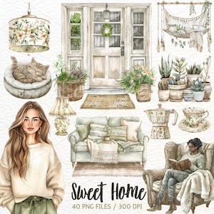 Aquarell Sweet Home Clipart, Home Sweet Home, gemütliche Ästhetik, Planer Girl, Haus-Innenraum, Scrapbooking, digitaler Download für kommerzielle