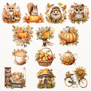 May include: A collection of autumn-themed illustrations featuring a fox, squirrel, hedgehog, owl, pumpkins, flowers, a basket of apples, a teapot, a mushroom house, a bicycle, and a cozy armchair.
