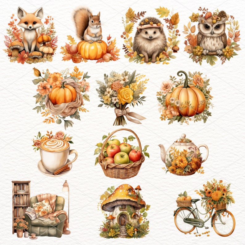 May include: A collection of autumn-themed illustrations featuring a fox, squirrel, hedgehog, owl, pumpkins, flowers, a basket of apples, a teapot, a mushroom house, a bicycle, and a cozy armchair.