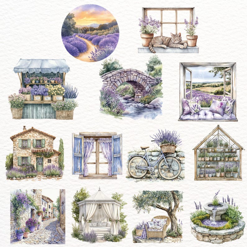 May include: A collection of watercolour illustrations featuring lavender flowers, a stone bridge, a small house, a window with a cat, a greenhouse, a gazebo, a bicycle, and a fountain. The illustrations are in a vintage style and are perfect for scrapbooking, card making, or other craft projects.