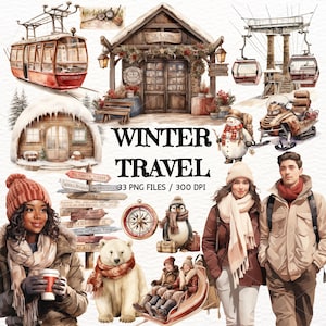 Aquarel winter reizen clipart, reizen clipart, vakantie clipart, winteravontuur, camping vakantie clipart, digitale download, commercieel