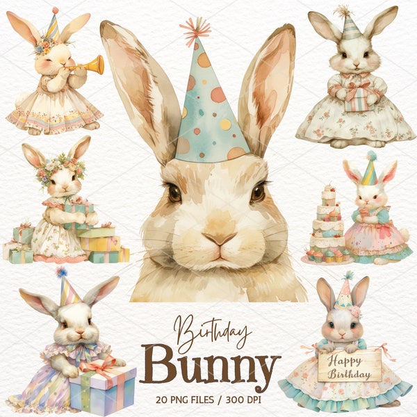 Watercolor Birthday Bunny Clipart, Birthday Rabbit Clipart, Cute Bunnies, Rabbit illustration, Birthday Party Graphics PNG, Baby Shower