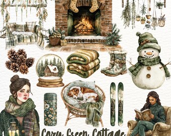 Puede incluir: Un conjunto de 36 imágenes de clipart de acuarela digital con un tema de cabaña verde acogedora. El conjunto incluye una chimenea, un muñeco de nieve, un perro en una silla de mimbre, una mujer leyendo un libro, un termo, una bola de nieve, piñas y más.