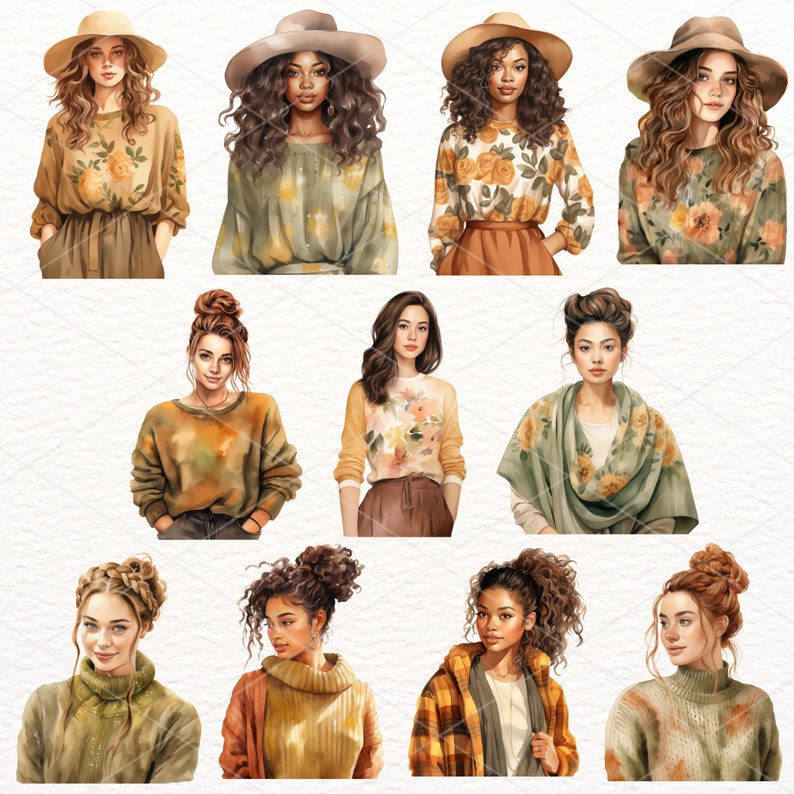 May include: A digital illustration of ten women with different hairstyles and clothing. The women are wearing fall-inspired outfits in shades of brown, green, and yellow. Some of the women are wearing hats, scarves, and sweaters.