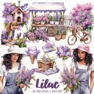 Acuarela Lila Clipart, PNG Floral, Flores de Primavera, Ramo Lila, Cottagecore, Diario Basura, Álbum de Recortes, Descarga Digital, Uso Comercial