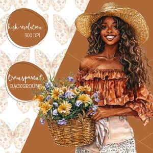 Pu&ograve; includere: Una donna con lunghi capelli castani e un cappello di paglia tiene un cesto di vimini pieno di fiori gialli e viola. Indossa una blusa color ruggine con le spalle scoperte e pantaloncini di jeans bianchi.