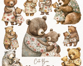 Watercolor Mama and Baby Bear Clipart: Nursery Art PNG (Commercial Use)